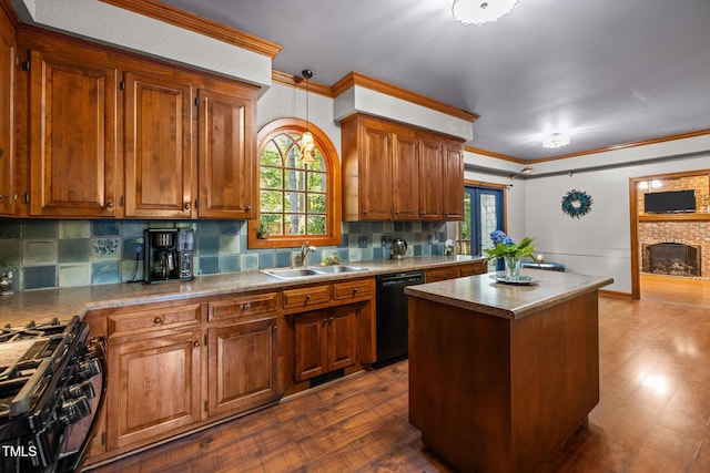 1 Gatesway Ct, Durham, NC 27707 - kitchen with black appliances, crown molding, a kitchen island, tasteful backsplash, and healthy amount of natural light