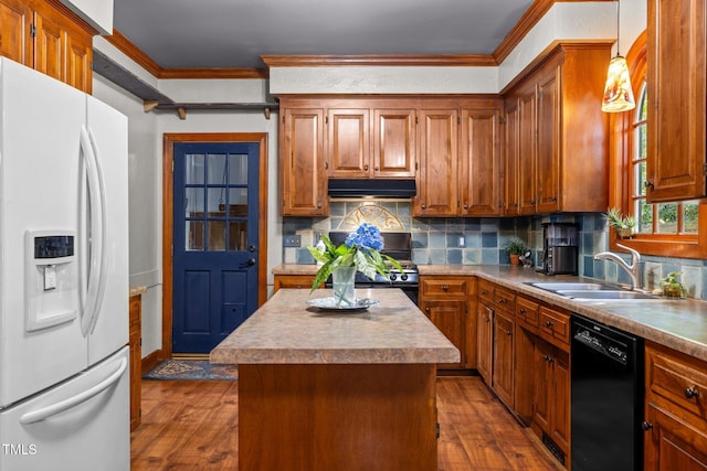 1 Gatesway Ct, Durham, NC 27707 - kitchen featuring white fridge with ice dispenser, dishwasher, crown molding, under cabinet range hood, and tasteful backsplash