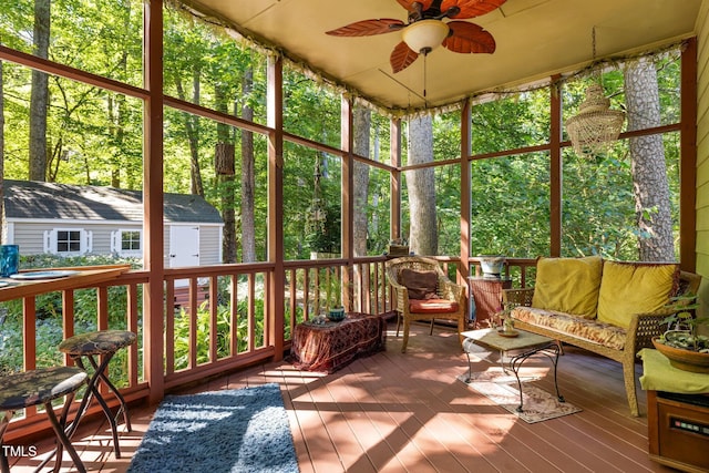 1 Gatesway Ct, Durham, NC 27707 - sunroom featuring a ceiling fan and an outdoor hangout area