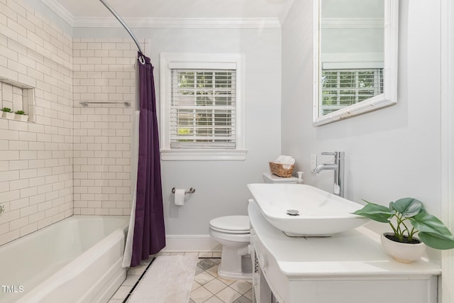 821 Onslow St, Durham, NC 27705 - full bath with vanity, shower / tub combo with curtain, crown molding, and tile patterned flooring