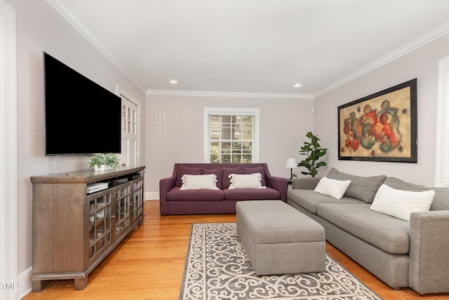821 Onslow St, Durham, NC 27705 - living room with light wood-type flooring, crown molding, and recessed lighting