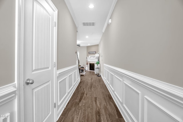512 Barneswyck Dr, Fuquay Varina, NC 27526 - hall with a decorative wall, wainscoting, crown molding, recessed lighting, and dark wood-style flooring