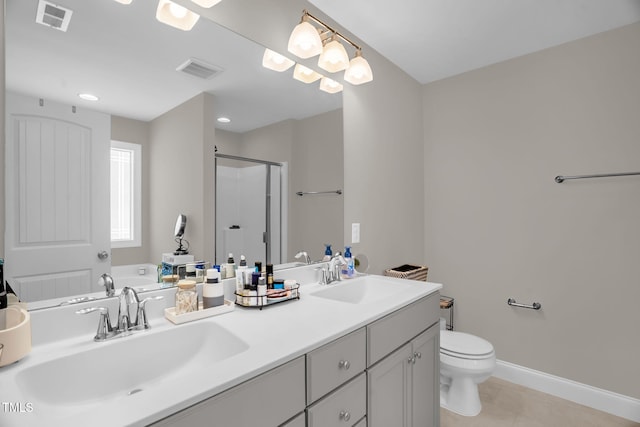 512 Barneswyck Dr, Fuquay Varina, NC 27526 - bathroom featuring a stall shower, double vanity, toilet, tile patterned flooring, and a garden tub