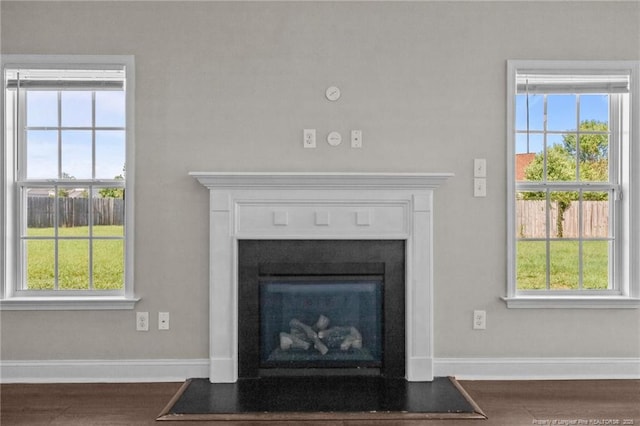 254 Blackhawk Ln, Raeford, NC 28376 - detailed view of baseboards, wood finished floors, and a fireplace with flush hearth