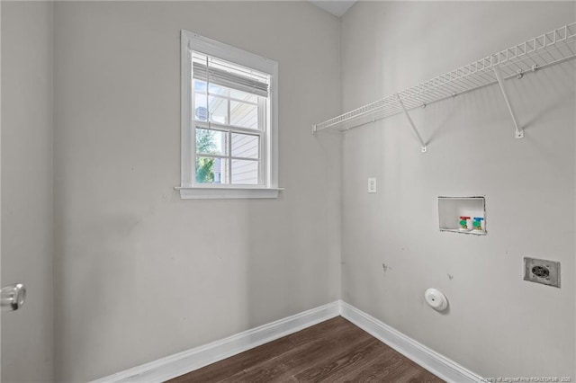 254 Blackhawk Ln, Raeford, NC 28376 - washroom with electric dryer hookup, washer hookup, baseboards, and dark wood-style flooring