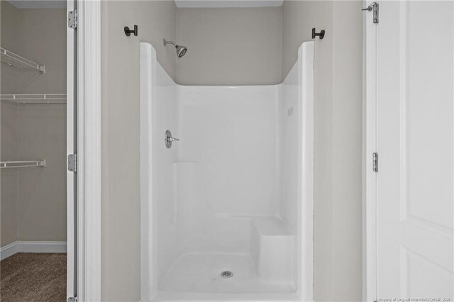 254 Blackhawk Ln, Raeford, NC 28376 - full bath with a shower, a walk in closet, and baseboards