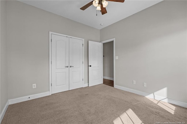 254 Blackhawk Ln, Raeford, NC 28376 - unfurnished bedroom featuring carpet flooring, baseboards, a closet, and a ceiling fan