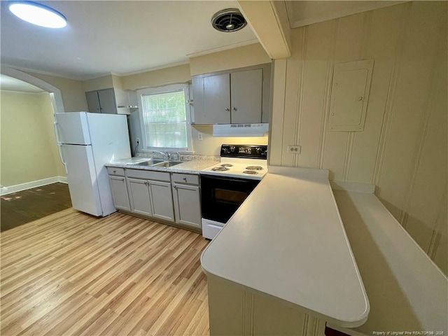 1007 Jenkins St, Lumberton, NC 28358 - kitchen with electric range oven, freestanding refrigerator, under cabinet range hood, gray cabinetry, and ornamental molding