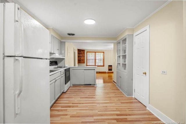 1007 Jenkins St, Lumberton, NC 28358 - kitchen with white appliances, light wood-type flooring, ornamental molding, under cabinet range hood, and a peninsula