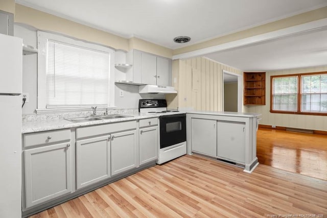 1007 Jenkins St, Lumberton, NC 28358 - kitchen with range with electric cooktop, open shelves, a peninsula, light wood-type flooring, and under cabinet range hood