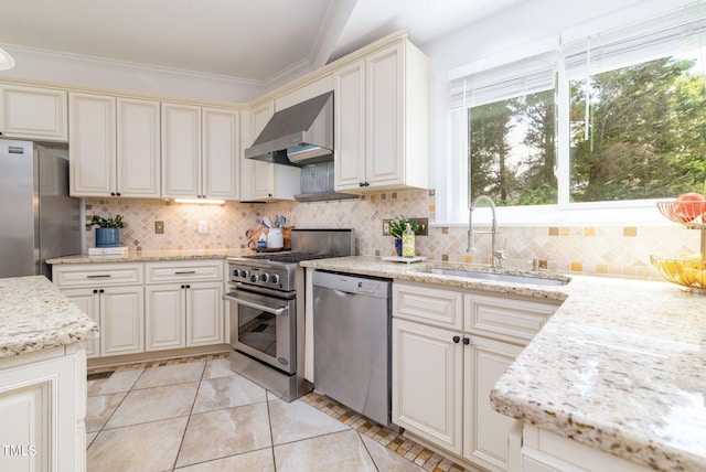 8913 Walking Stick Trl, Raleigh, NC 27615 - kitchen featuring appliances with stainless steel finishes, range hood, a sink, ornamental molding, and backsplash