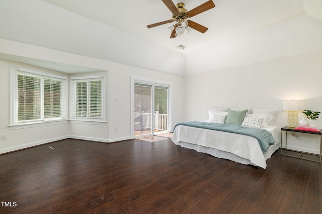 8913 Walking Stick Trl, Raleigh, NC 27615 - bedroom with access to outside, vaulted ceiling, wood finished floors, baseboards, and a ceiling fan