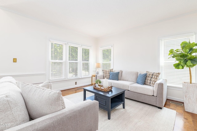 8913 Walking Stick Trl, Raleigh, NC 27615 - living area featuring plenty of natural light, ornamental molding, light wood-style floors, and baseboards