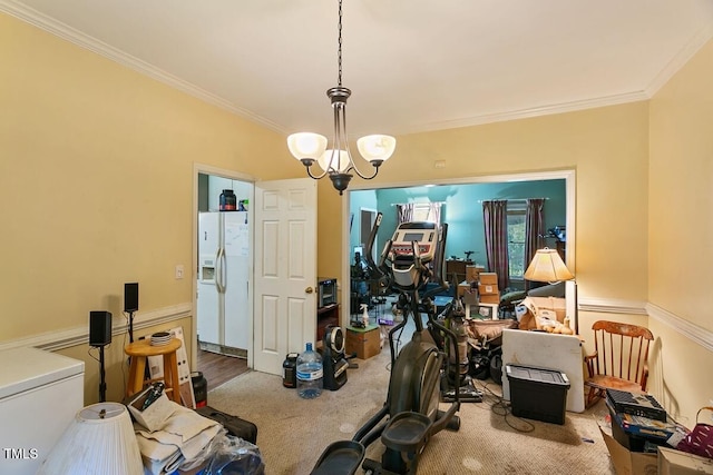 10205 Sorrills Creek Ln, Raleigh, NC 27614 - exercise room with crown molding, a chandelier, and carpet flooring