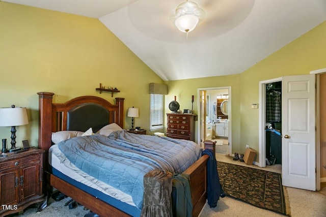 10205 Sorrills Creek Ln, Raleigh, NC 27614 - carpeted bedroom with vaulted ceiling, ensuite bath, and ceiling fan