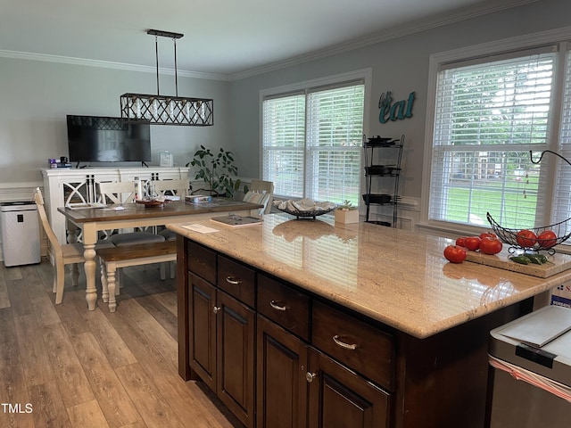 305 Briarcliff Dr, Dunn, NC 28334 - kitchen with light wood-style floors, crown molding, light stone countertops, dark brown cabinets, and decorative light fixtures