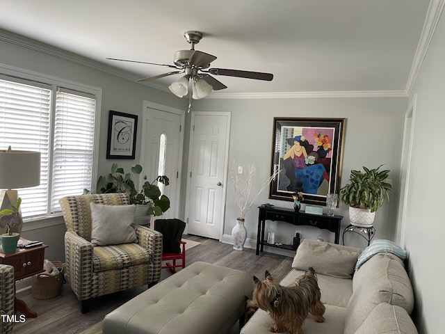 305 Briarcliff Dr, Dunn, NC 28334 - living area with a ceiling fan, wood finished floors, baseboards, and ornamental molding
