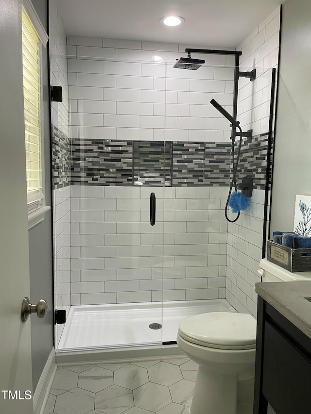 305 Briarcliff Dr, Dunn, NC 28334 - full bathroom with a stall shower, vanity, tile patterned flooring, toilet, and recessed lighting