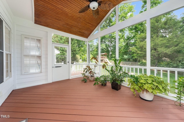 112 Sterling Ridge Way, Cary, NC 27519 - sunroom / solarium featuring a ceiling fan, vaulted ceiling, and view of scattered trees