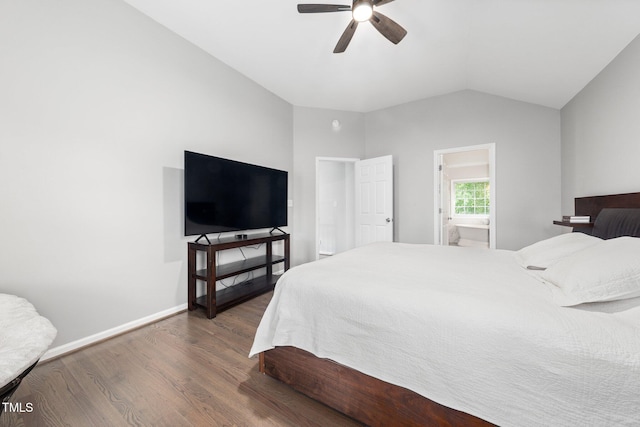 112 Sterling Ridge Way, Cary, NC 27519 - bedroom with dark wood-style floors, lofted ceiling, baseboards, ceiling fan, and ensuite bath
