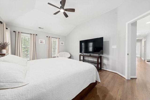 112 Sterling Ridge Way, Cary, NC 27519 - bedroom featuring wood finished floors, lofted ceiling, ceiling fan, and baseboards
