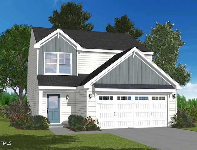 2700 Barrington Dr, Raleigh, NC 27610 - view of front of property with board and batten siding, a shingled roof, a garage, and a front lawn