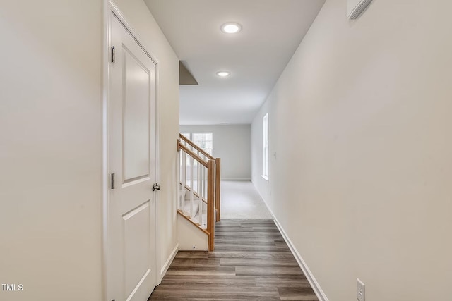 2700 Barrington Dr, Raleigh, NC 27610 - corridor featuring recessed lighting, dark wood-type flooring, baseboards, and stairway