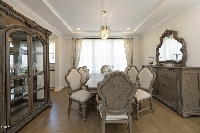 609 Ramsours Mill Dr, Holly Springs, NC 27540 - dining space with dark wood finished floors, plenty of natural light, a tray ceiling, crown molding, and recessed lighting