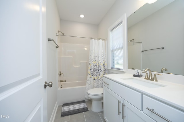 609 Ramsours Mill Dr, Holly Springs, NC 27540 - full bathroom with vanity, tile patterned flooring, toilet, shower / bath combo with shower curtain, and baseboards