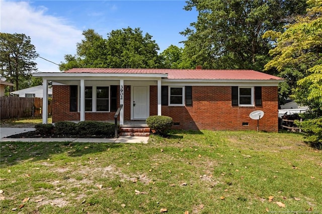 3902 Hartwell Rd, Fayetteville, NC 28304 - ranch-style home with crawl space, brick siding, metal roof, and covered porch