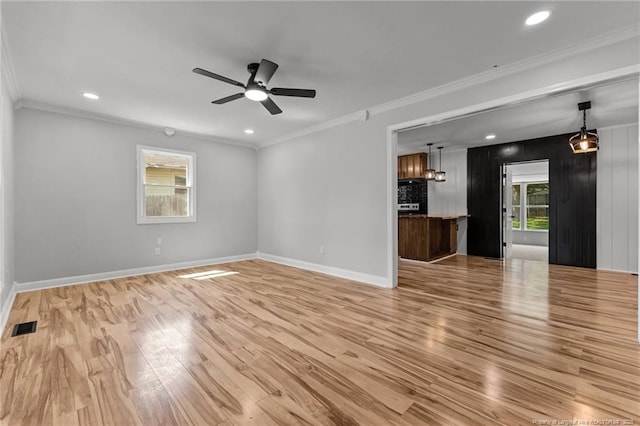 3902 Hartwell Rd, Fayetteville, NC 28304 - unfurnished living room with light wood-style floors, a ceiling fan, baseboards, recessed lighting, and ornamental molding