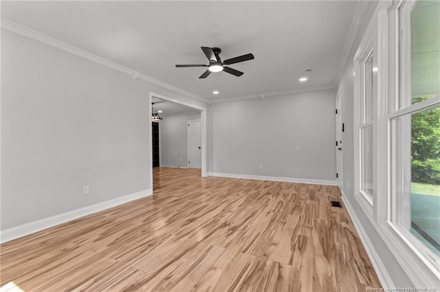 3902 Hartwell Rd, Fayetteville, NC 28304 - unfurnished room with ceiling fan, ornamental molding, baseboards, light wood finished floors, and recessed lighting