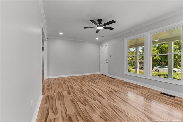 3902 Hartwell Rd, Fayetteville, NC 28304 - spare room featuring ornamental molding, baseboards, light wood-type flooring, recessed lighting, and ceiling fan