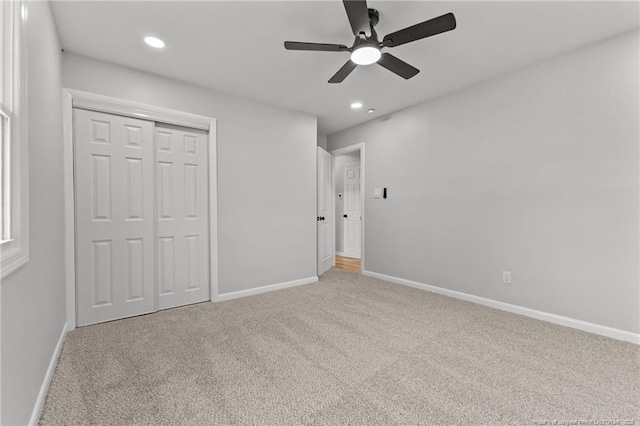 3902 Hartwell Rd, Fayetteville, NC 28304 - unfurnished bedroom featuring carpet floors, recessed lighting, baseboards, a closet, and ceiling fan