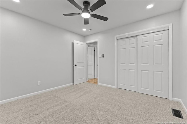 3902 Hartwell Rd, Fayetteville, NC 28304 - unfurnished bedroom with carpet floors, recessed lighting, baseboards, a closet, and a ceiling fan