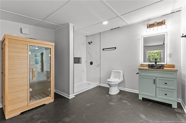 3902 Hartwell Rd, Fayetteville, NC 28304 - full bathroom with vanity, a marble finish shower, toilet, baseboards, and recessed lighting