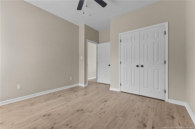 926 Foxhunt Ln, Fayetteville, NC 28314 - unfurnished bedroom featuring light wood-style flooring, baseboards, a closet, and ceiling fan