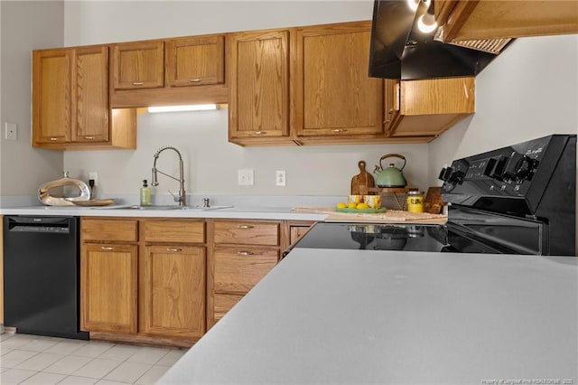 926 Foxhunt Ln, Fayetteville, NC 28314 - kitchen featuring black appliances, a sink, light countertops, and ventilation hood
