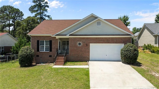 926 Foxhunt Ln, Fayetteville, NC 28314 - view of front facade featuring brick siding, a garage, a front yard, and concrete driveway