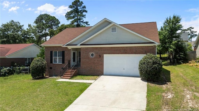 926 Foxhunt Ln, Fayetteville, NC 28314 - view of front of home with brick siding, a front yard, a garage, and concrete driveway