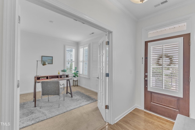 151 Bridge St, Hillsborough, NC 27278 - office with crown molding, baseboards, and light wood finished floors