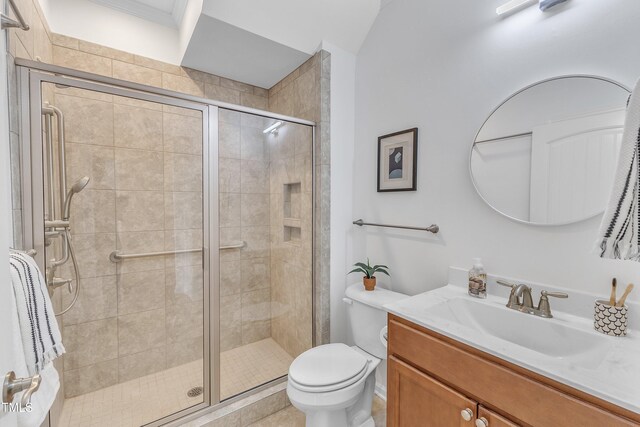 151 Bridge St, Hillsborough, NC 27278 - bathroom featuring toilet, vanity, and a stall shower