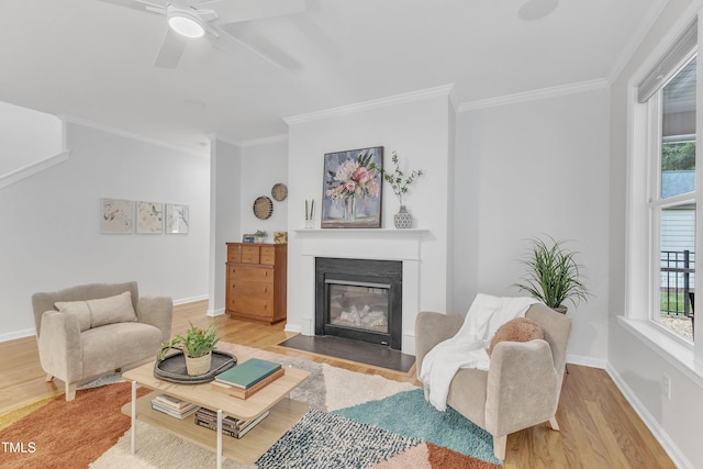 151 Bridge St, Hillsborough, NC 27278 - living area with light wood-type flooring, a fireplace with flush hearth, ornamental molding, plenty of natural light, and a ceiling fan