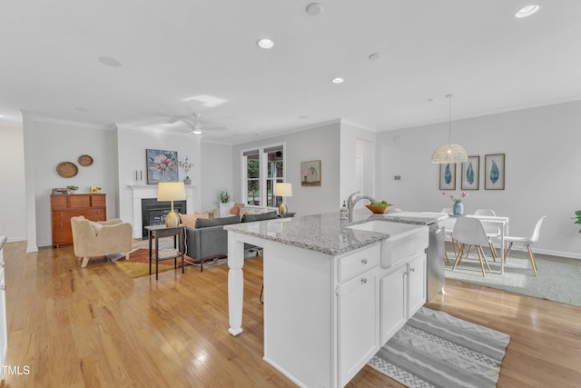 151 Bridge St, Hillsborough, NC 27278 - kitchen featuring ornamental molding, a glass covered fireplace, light wood-type flooring, stainless steel dishwasher, and white cabinets