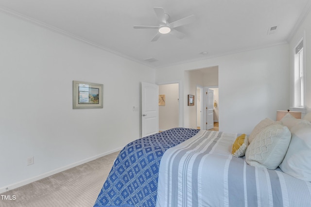 151 Bridge St, Hillsborough, NC 27278 - bedroom with light carpet, baseboards, crown molding, and ceiling fan