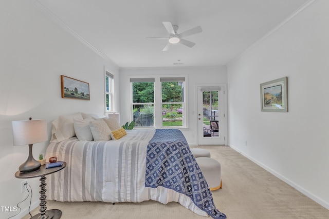 151 Bridge St, Hillsborough, NC 27278 - carpeted bedroom with access to outside, crown molding, baseboards, and ceiling fan