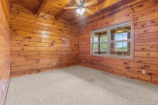 113 Atwood Ter, Stedman, NC 28391 - spare room with wooden ceiling with exposed beams, wood walls, carpet flooring, and ceiling fan