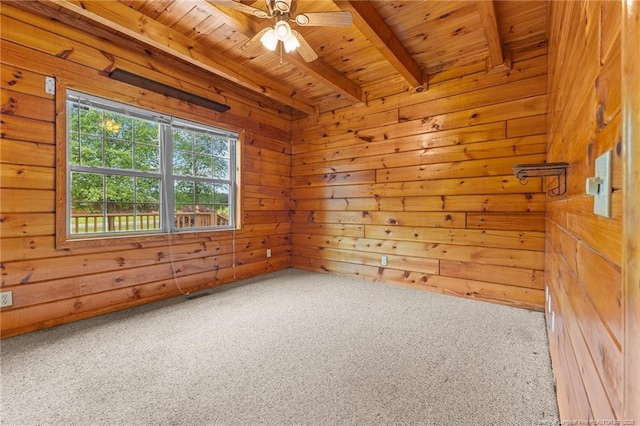 113 Atwood Ter, Stedman, NC 28391 - spare room featuring wood ceiling with exposed beams, carpet flooring, wooden walls, and ceiling fan