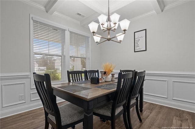 6752 Running Fox Rd, Hope Mills, NC 28348 - dining room with a chandelier, a decorative wall, coffered ceiling, beamed ceiling, and dark wood-type flooring