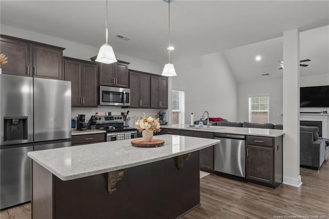 6752 Running Fox Rd, Hope Mills, NC 28348 - kitchen featuring appliances with stainless steel finishes, a sink, open floor plan, dark brown cabinets, and lofted ceiling